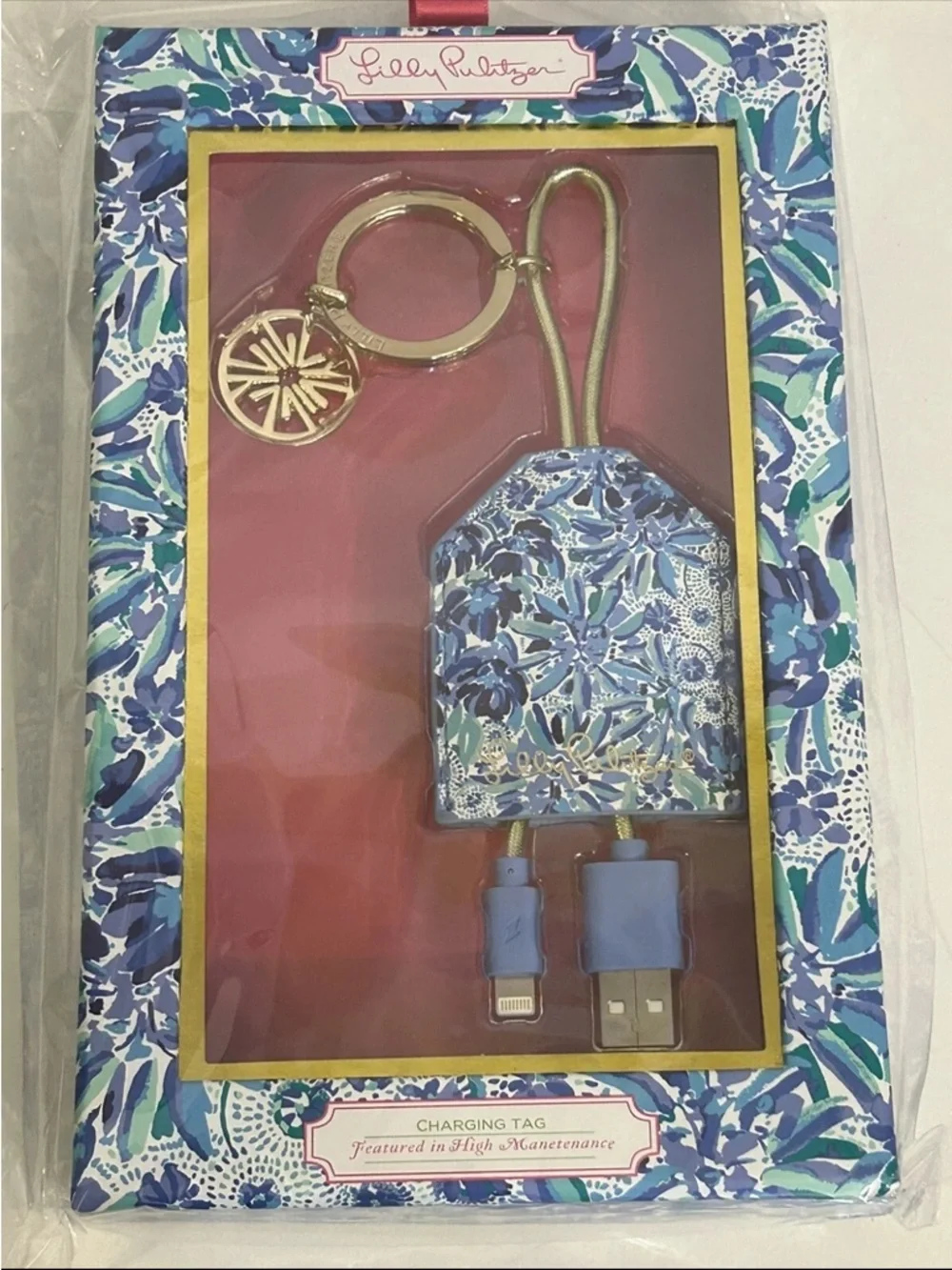 Lilly Pulitzer Charging Tag Keychain Blue Floral High Maintenance Micro USB-USB2
